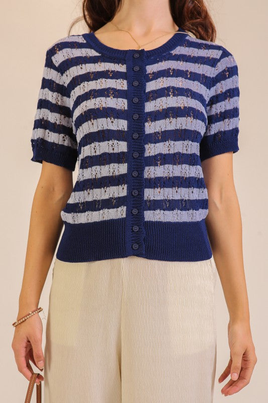 Pointelle Stripe Knit Cardigan Top
