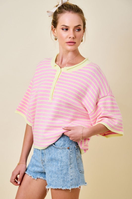 Striped Short Sleeve Henley Knit Top With Dropped Shoulders