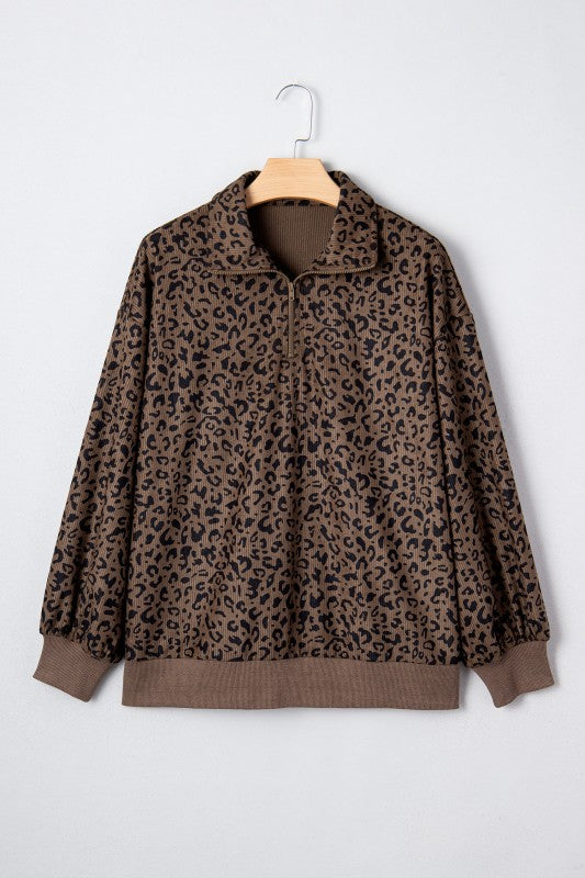 Leopard Print Quarter Zip Corduroy Sweatshirt