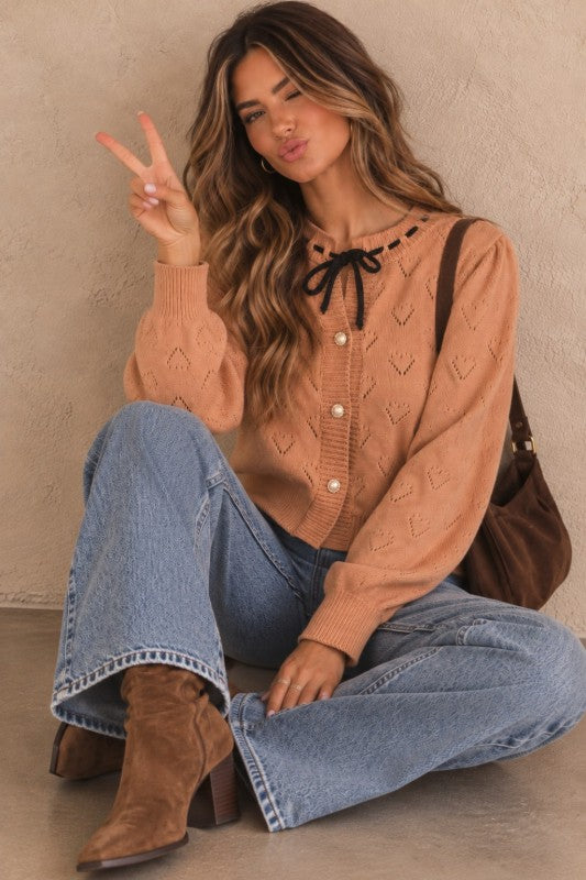 Heart Pointelle Bow-tie Knit Cardigan