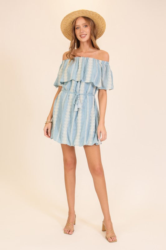 Off-shoulder Embroidered Stripe Mini Dress