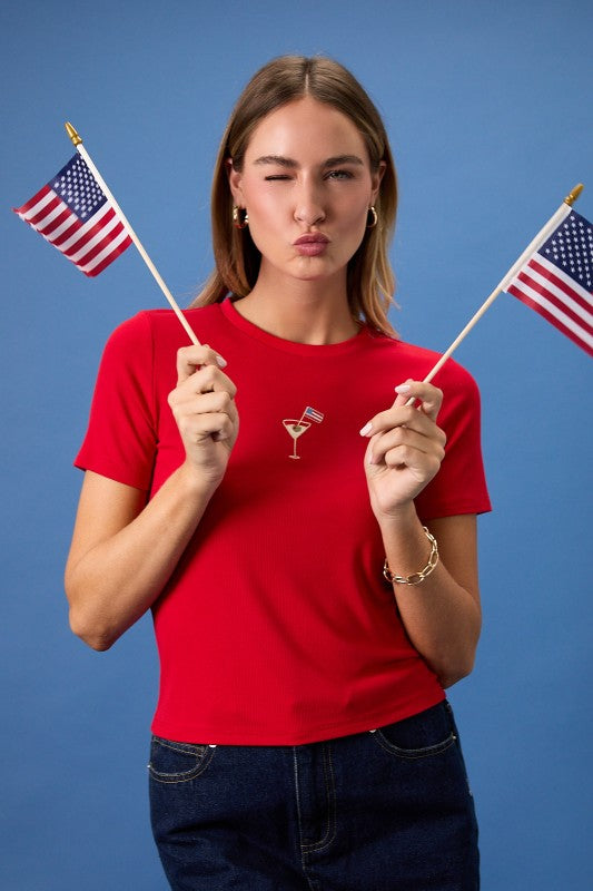 Crew Neck Short Sleeve Usa Cocktail Embo Ribbed Baby Tee