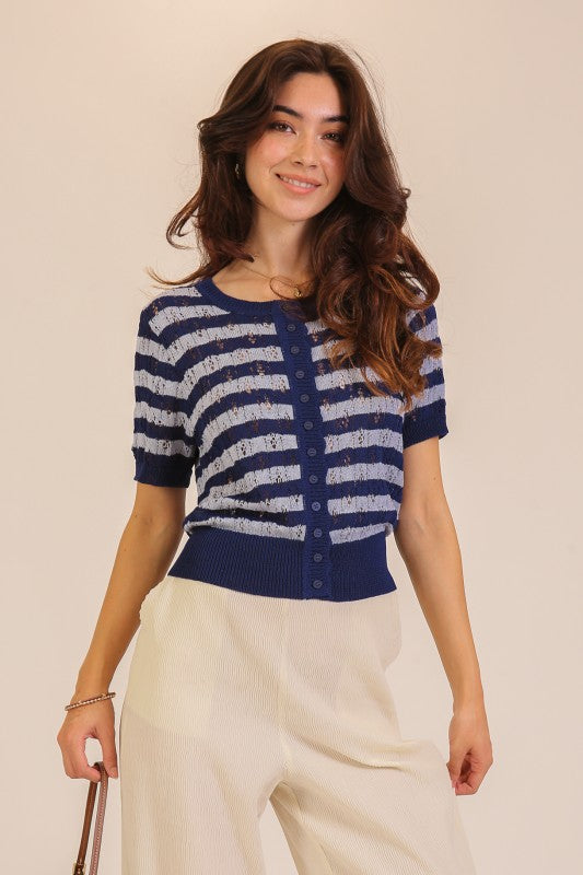 Pointelle Stripe Knit Cardigan Top