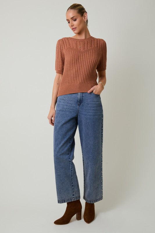Round Neck Puff Short Sleeve Cable Sweater
