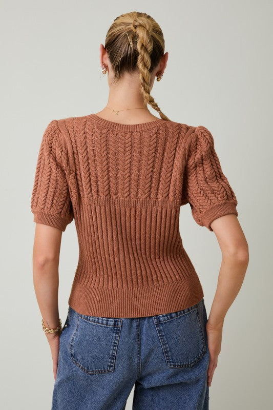 Round Neck Puff Short Sleeve Cable Sweater