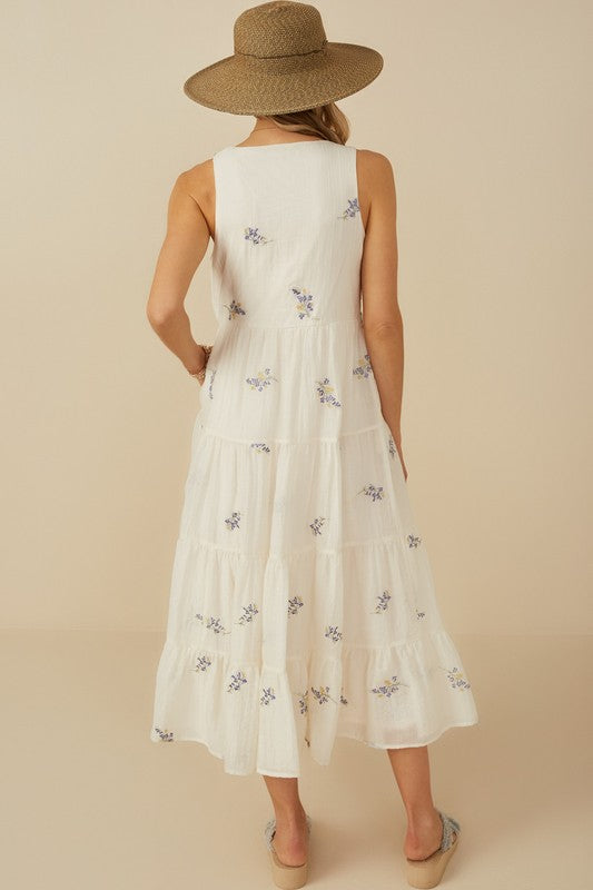 Women’s Ditsy Floral Embroidered V Neck Tiered Dress