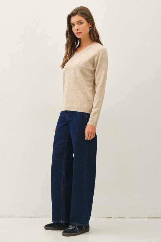 Wool Touch Cuff Pointed V-Neck Sweater