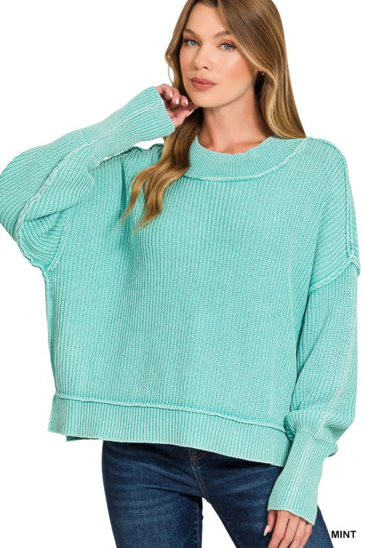 Washed Side Slit Oversized Cropped Sweater