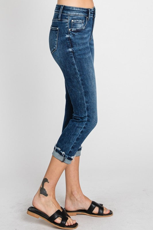 PETRA153 Mid Rise Skinny Capri W/Cuffed Hem Jeans