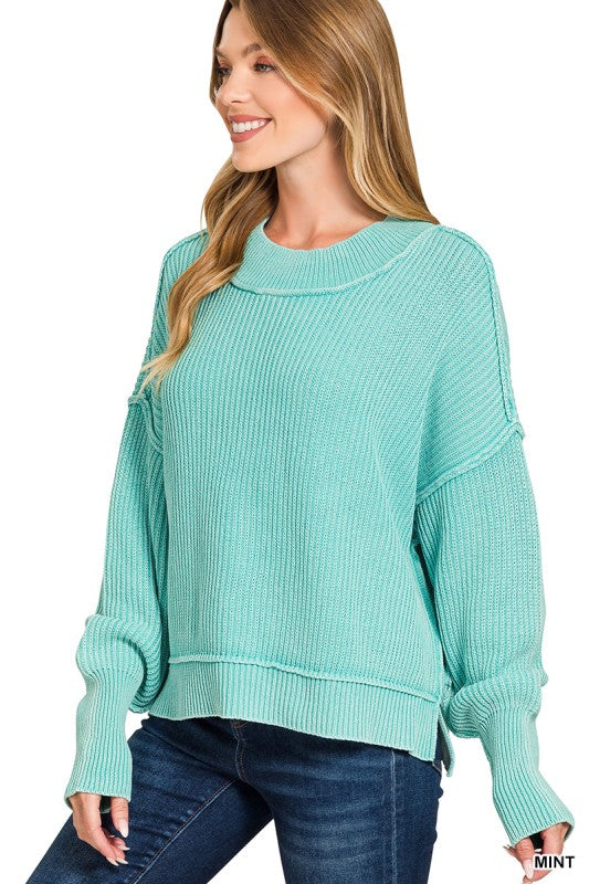 Washed Side Slit Oversized Cropped Sweater