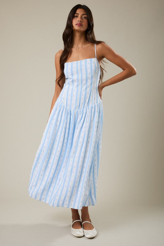 Spy Strap Drop Waist Lace Trim Detail Midi Dress