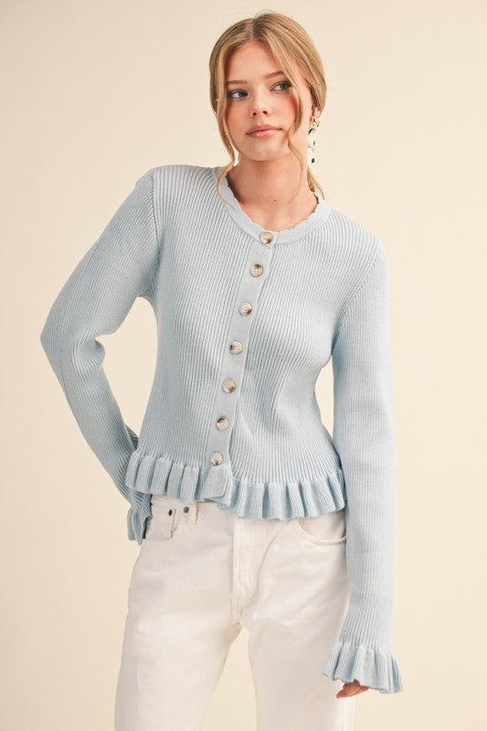Ruffle Hem Ribbed Knit Sweater Cardigan