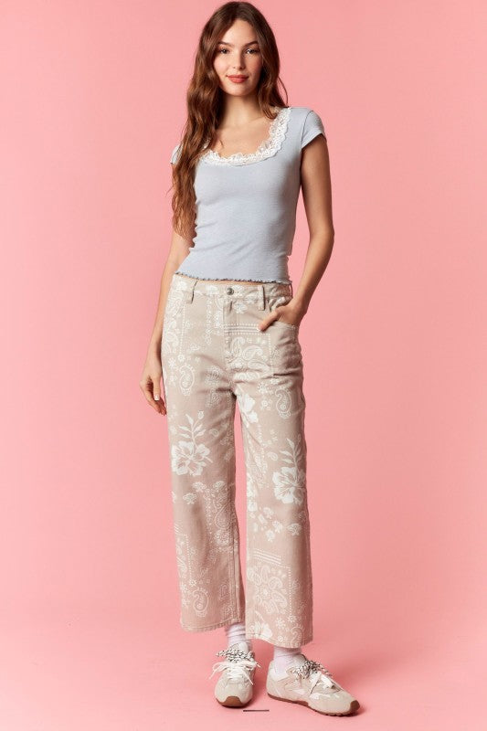 Lace Contrast Scoop Neck Cap Sleeve Tee