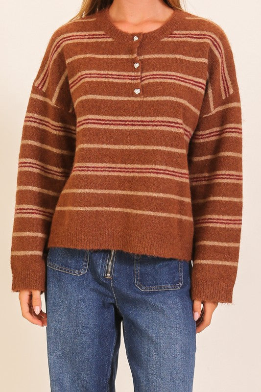 Fuzzy Striped Rhinestone-button Henley Sweater