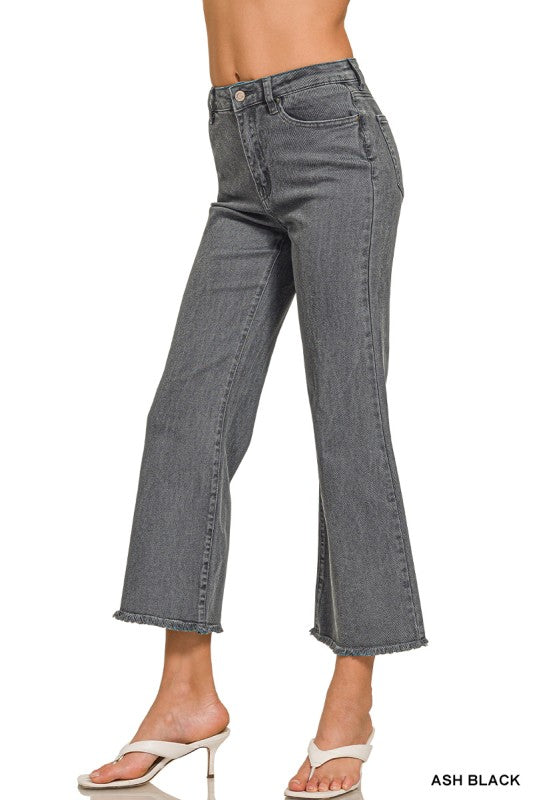 ZENANA Acid Washed High Waist Frayed Hem Bootcut Pants