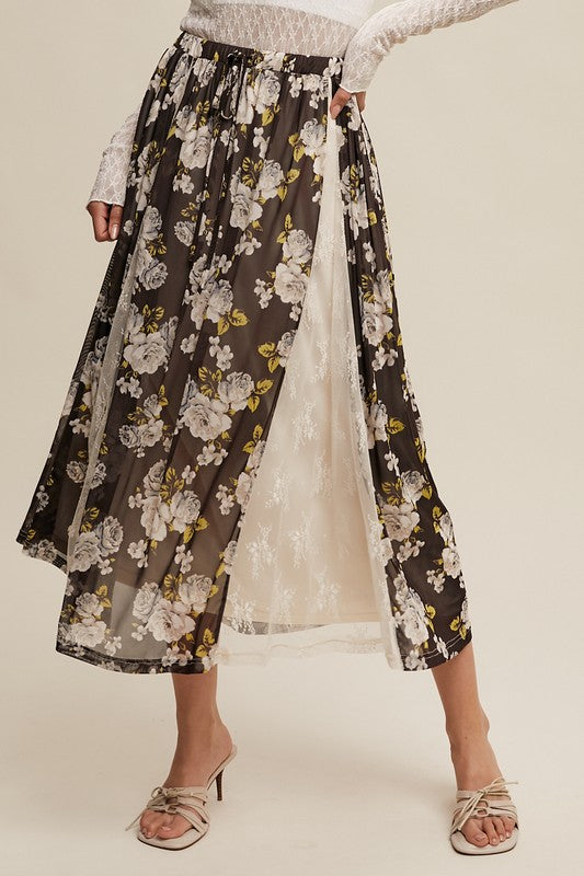 Floral Mesh and Lace-panel Midi Skirt