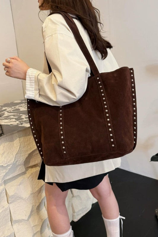 Suede Rivet Decor Large Capacity Tote Shoulder Bag