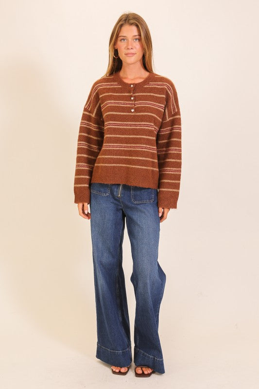 Fuzzy Striped Rhinestone-button Henley Sweater