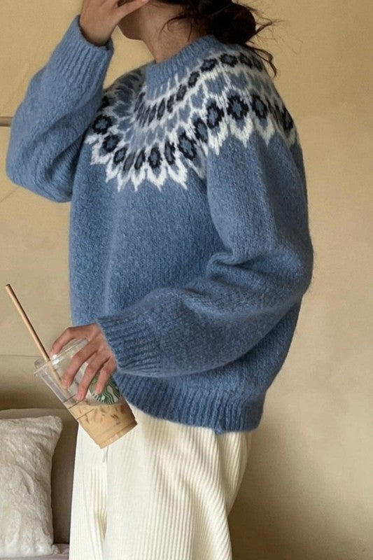 Fair Isle Knit Crew Neck Long Sleeve Sweater