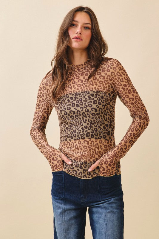 Leopard Thumbhole Sheer Lace Top