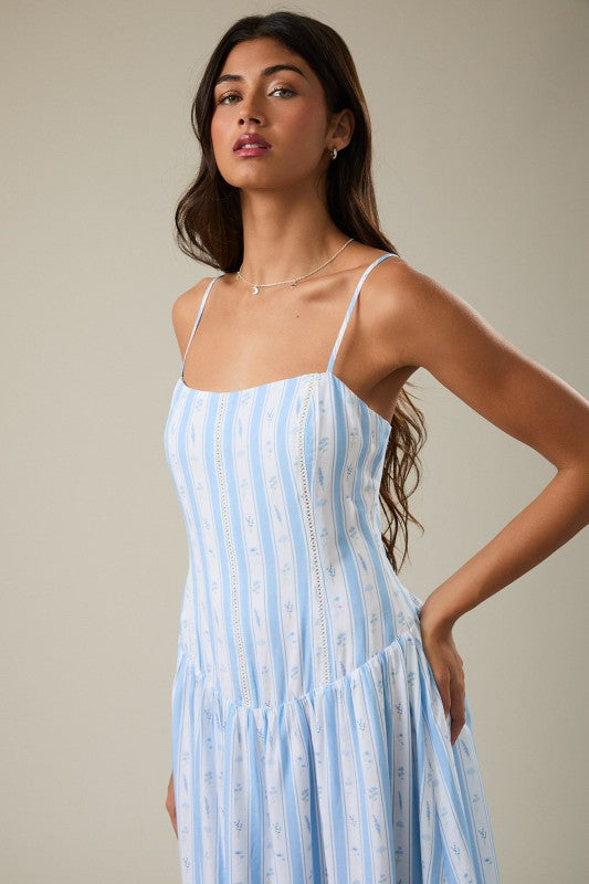 Spy Strap Drop Waist Lace Trim Detail Midi Dress