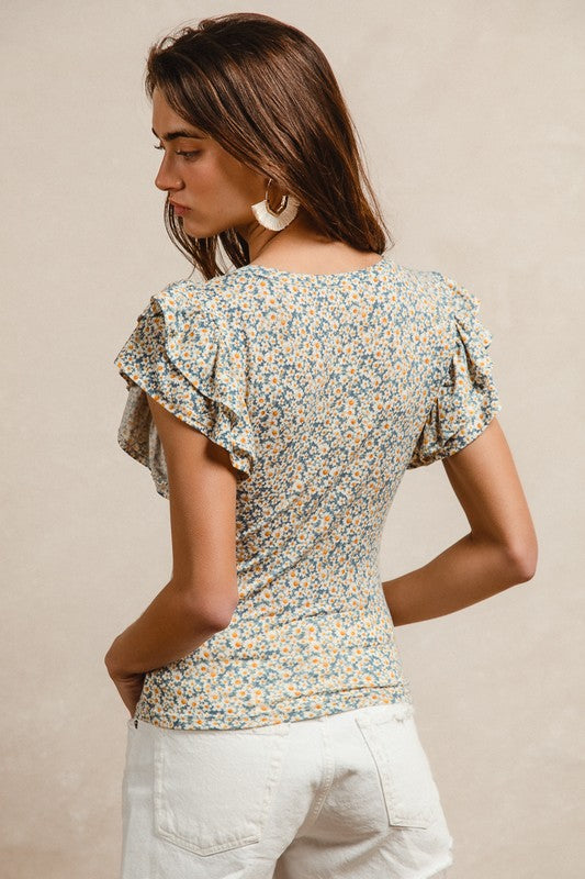 Floral Print Ruffle Sleeves Knit Top