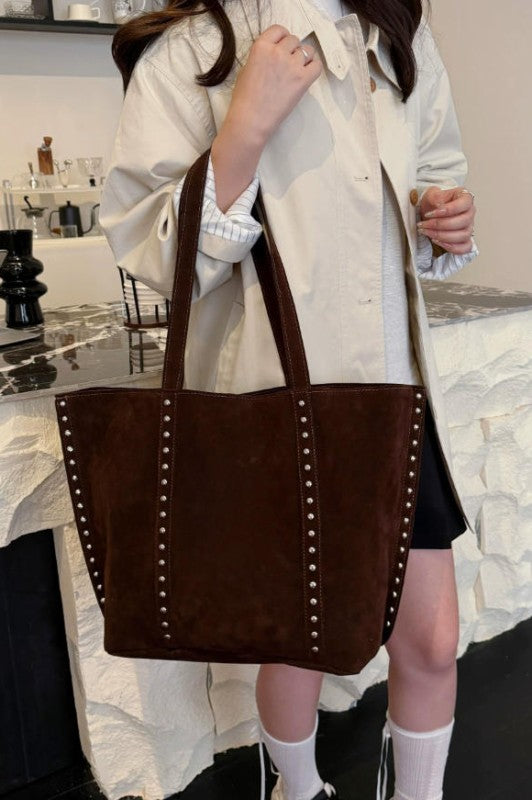 Suede Rivet Decor Large Capacity Tote Shoulder Bag