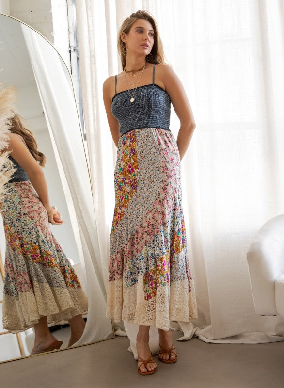Boho Patchwork Floral Maxi Dress With Smocked
