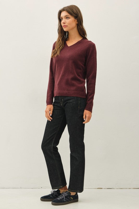 Wool Touch Cuff Pointed V-Neck Sweater
