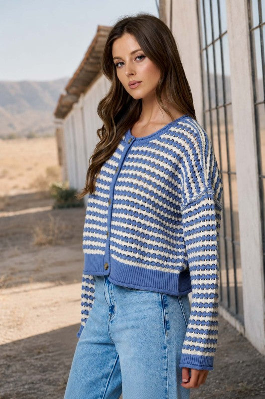 Textured Stripe Crochet Knit Button Down Cardigan