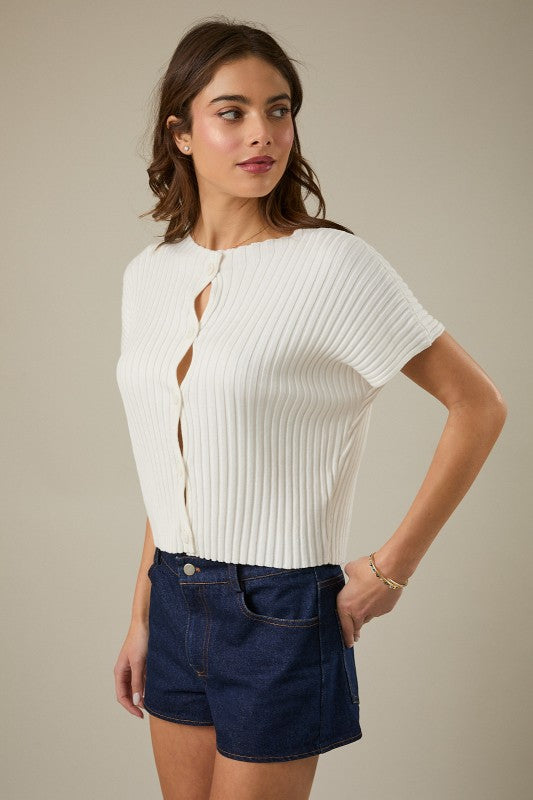 Wide Shoulder Button Down Ribbed Top