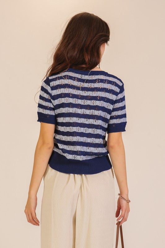 Pointelle Stripe Knit Cardigan Top