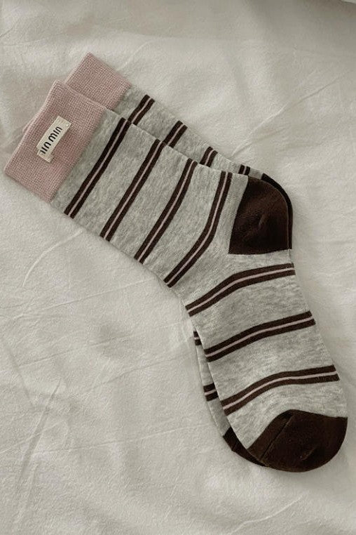Stripe Cotton Crew Socks Label Decoration