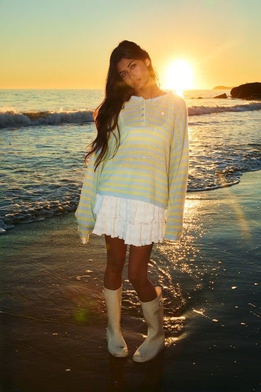 Rolled Hemline Detail Stripe Half Button Sweater