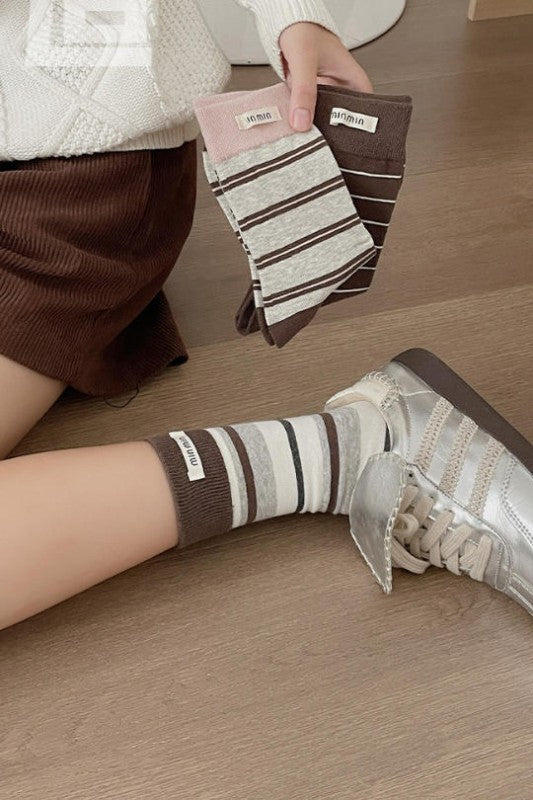 Stripe Cotton Crew Socks Label Decoration