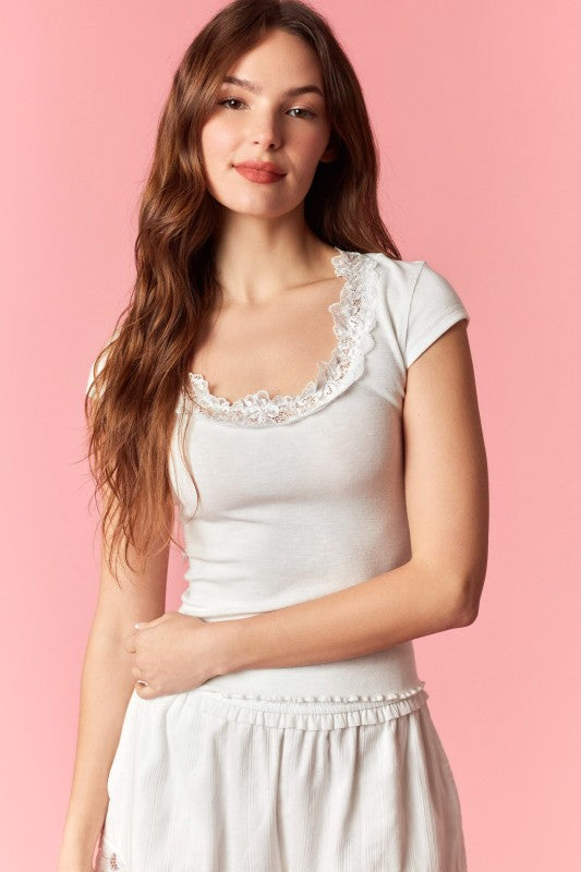 Lace Contrast Scoop Neck Cap Sleeve Tee