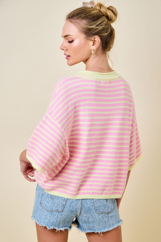 Striped Short Sleeve Henley Knit Top With Dropped Shoulders