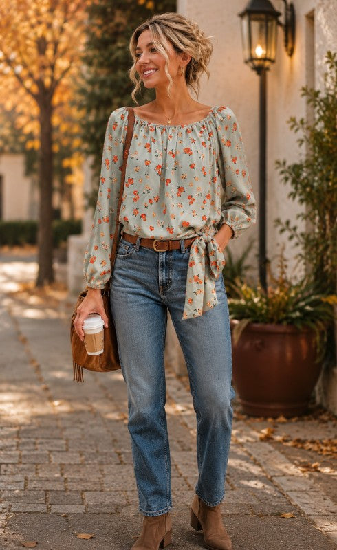 Floral Woven Peasant Top With Side Top