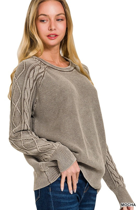 Stone Washed Cable-sleeve Crewneck Sweater