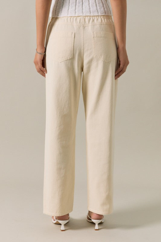 Midi Rise Ties On Waist Eyelet Trim Straight Fit Twill Pants