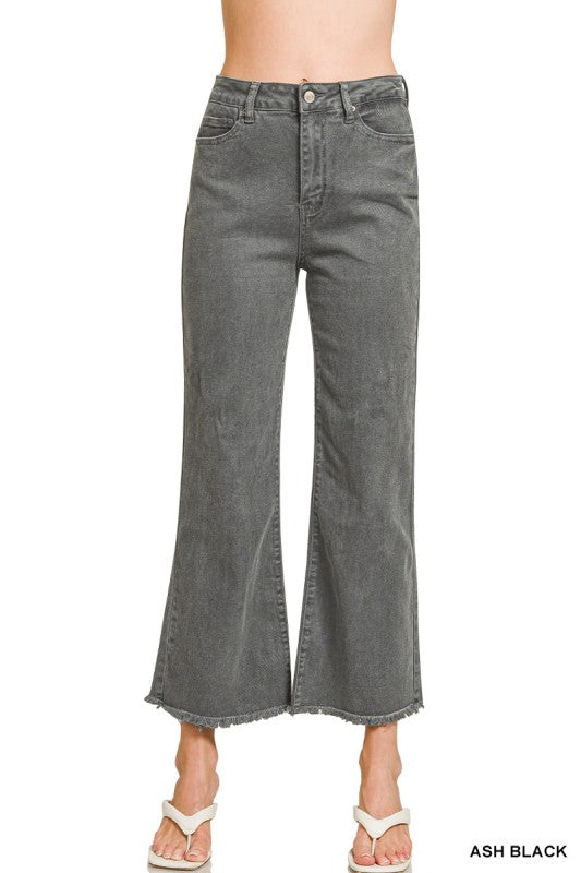 ZENANA Acid Washed High Waist Frayed Hem Bootcut Pants