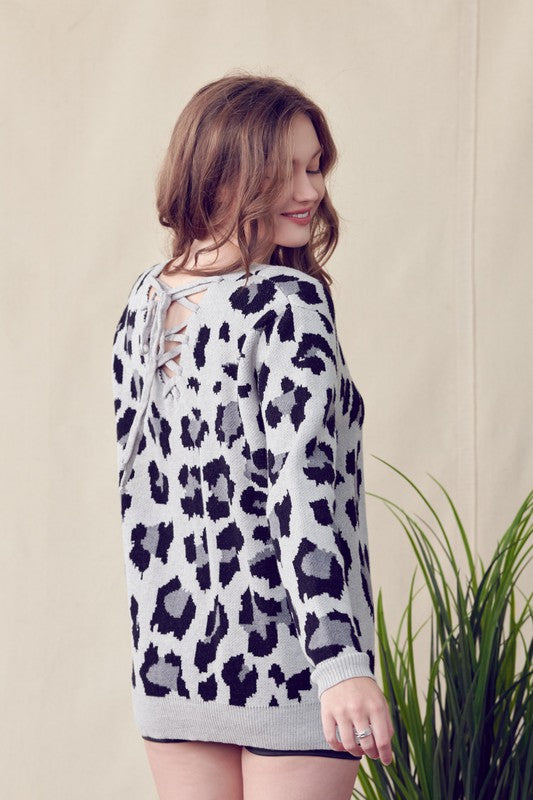 Leopard Knit Sweater With Deep V Back