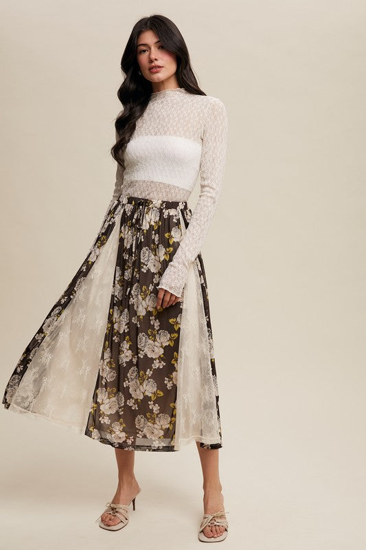 Floral Mesh and Lace-panel Midi Skirt