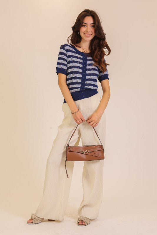 Pointelle Stripe Knit Cardigan Top