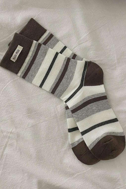 Stripe Cotton Crew Socks Label Decoration