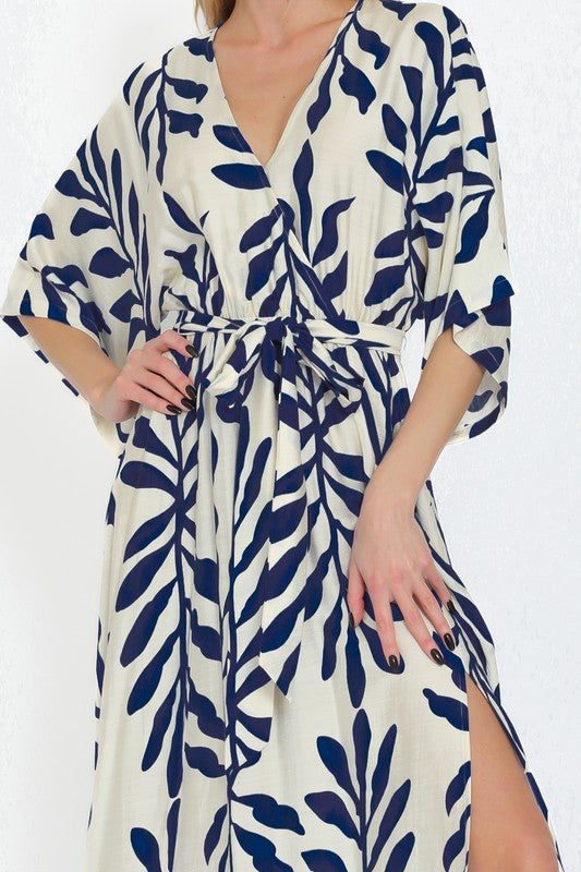 Kimono Sleeve Elastic Waisted Belted Maxi Dress