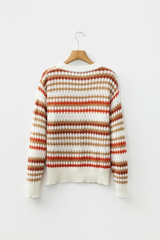 Stripe Eyelet Patterned Drop Shoulder Sweater