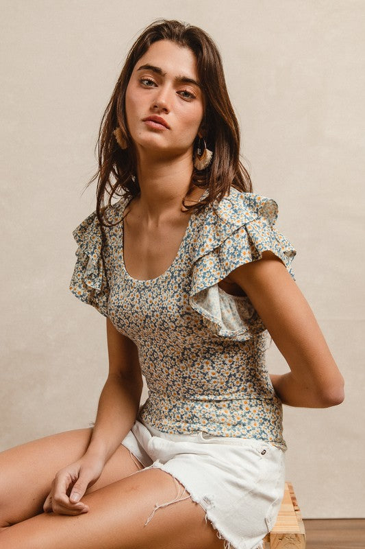 Floral Print Ruffle Sleeves Knit Top