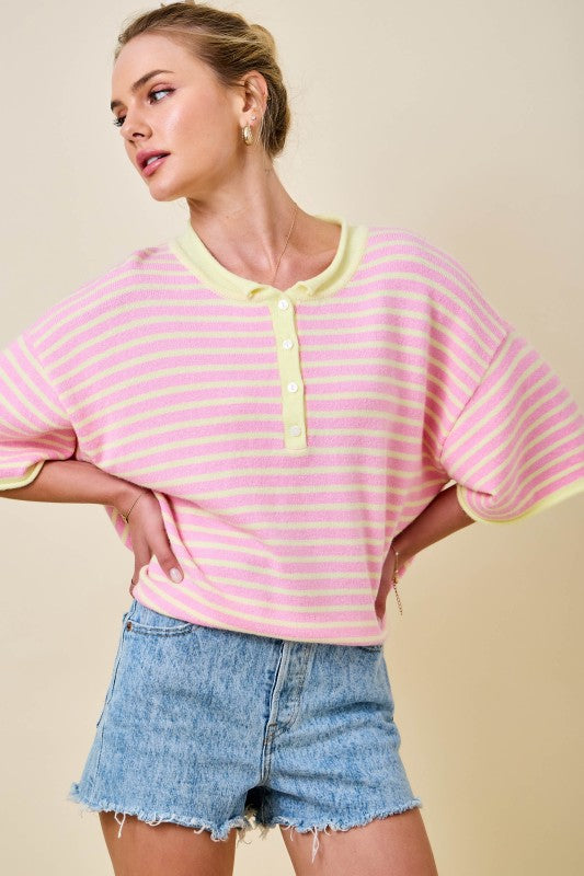 Striped Short Sleeve Henley Knit Top With Dropped Shoulders