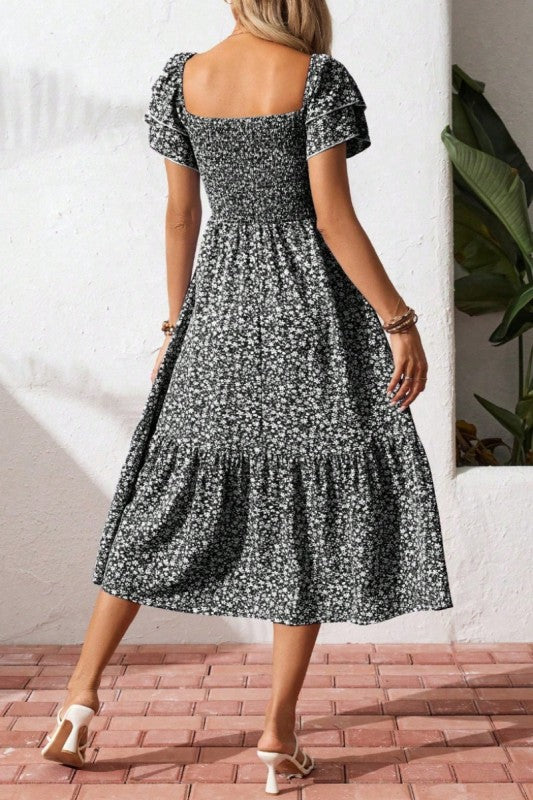 Smocked Square Neck Ruffle Sleeve Floral